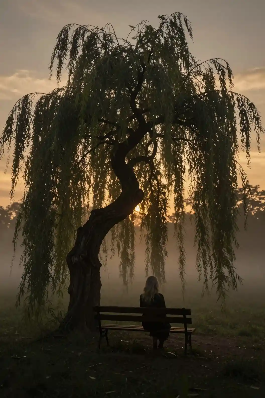 Woman under a twisted willow in eerie sunset mist