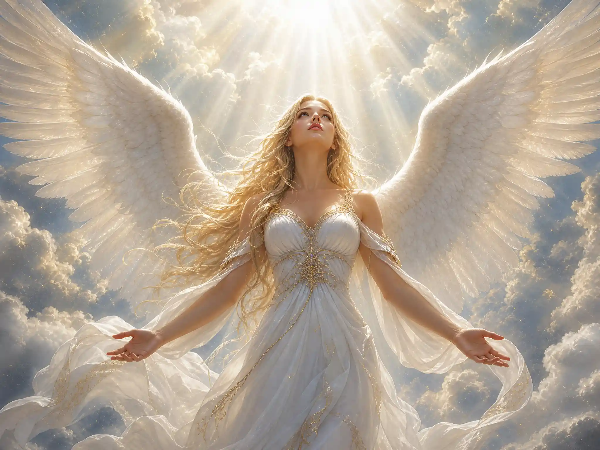 Angel woman in white dress bathed in heavenly light
