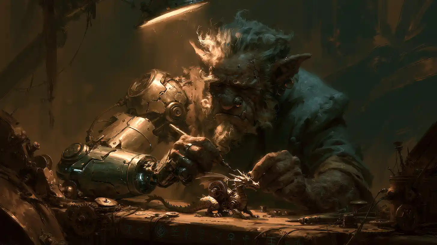 Cybernetic imp crafting a tiny clockwork dragon in shadow