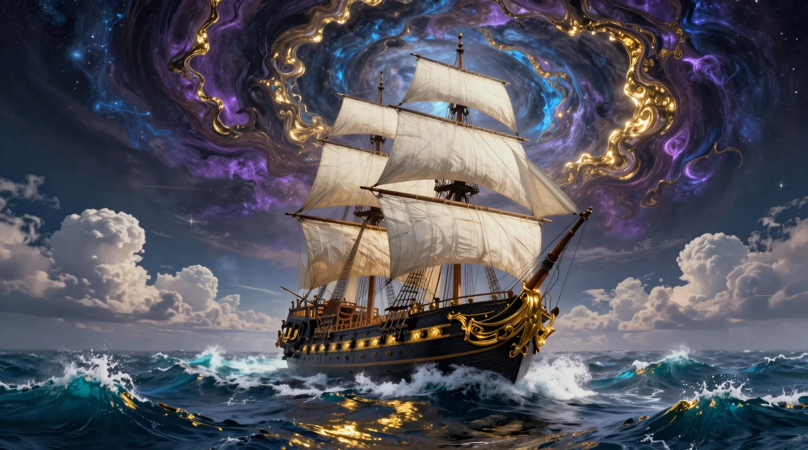 Majestuoso galeón oscuro navegando por un tormentoso mar cósmico