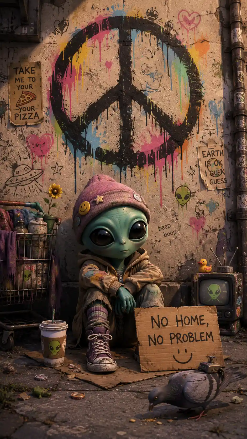 Cartoon-Alien mit Pappschild unter Graffiti-Friedenssymbol
