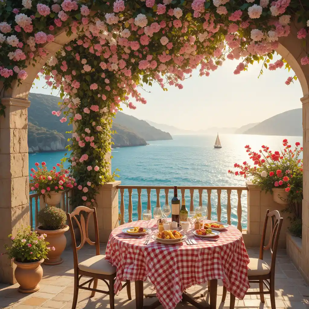 Mediterranean seaside terrace with Italian food and flowers