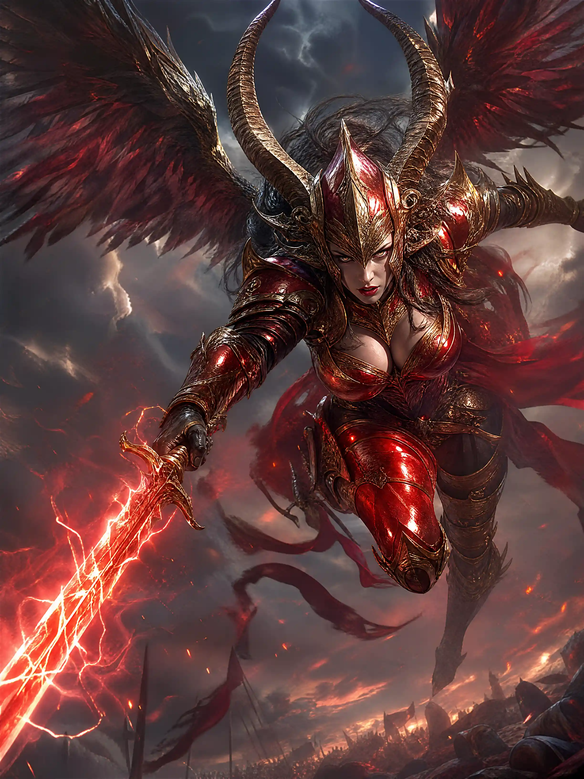 Valkyrie demoness diving through storm torn fantasy skies