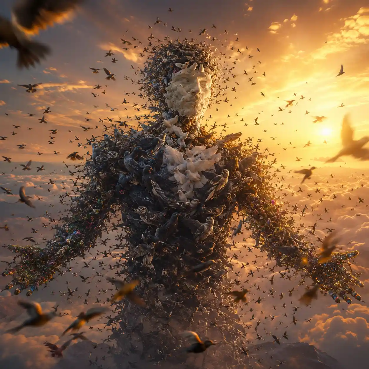 Human silhouette formed by swirling flocks of birds at sunset