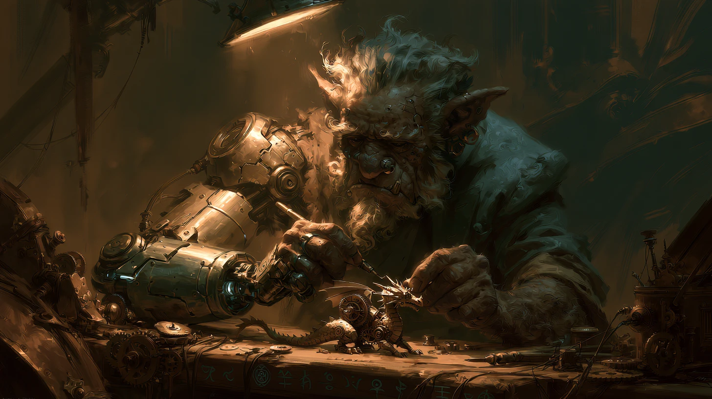 Cybernetic imp crafting a tiny clockwork dragon in shadow