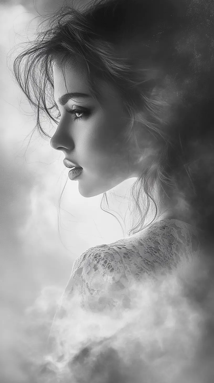 Mysterious woman portrait in black and white night fog