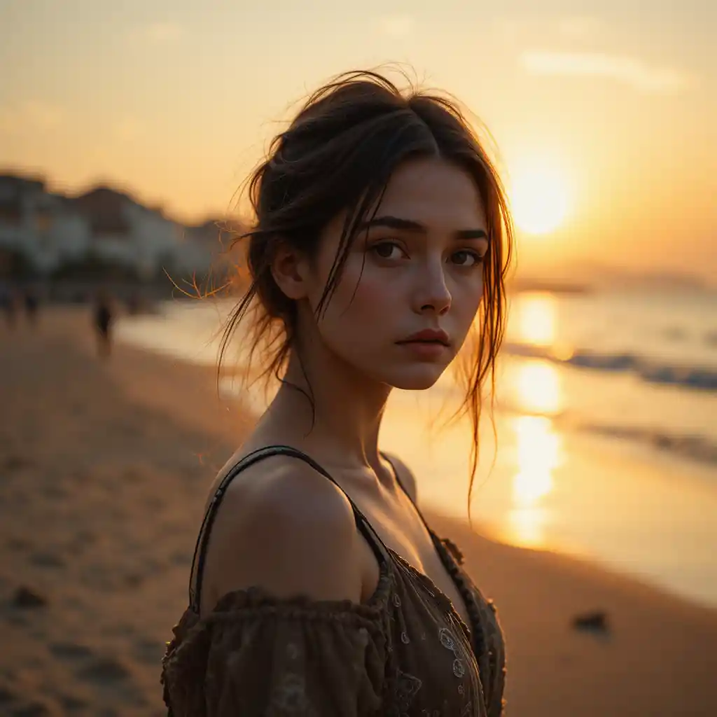 Joven caminando sola por una tranquila playa al atardecer