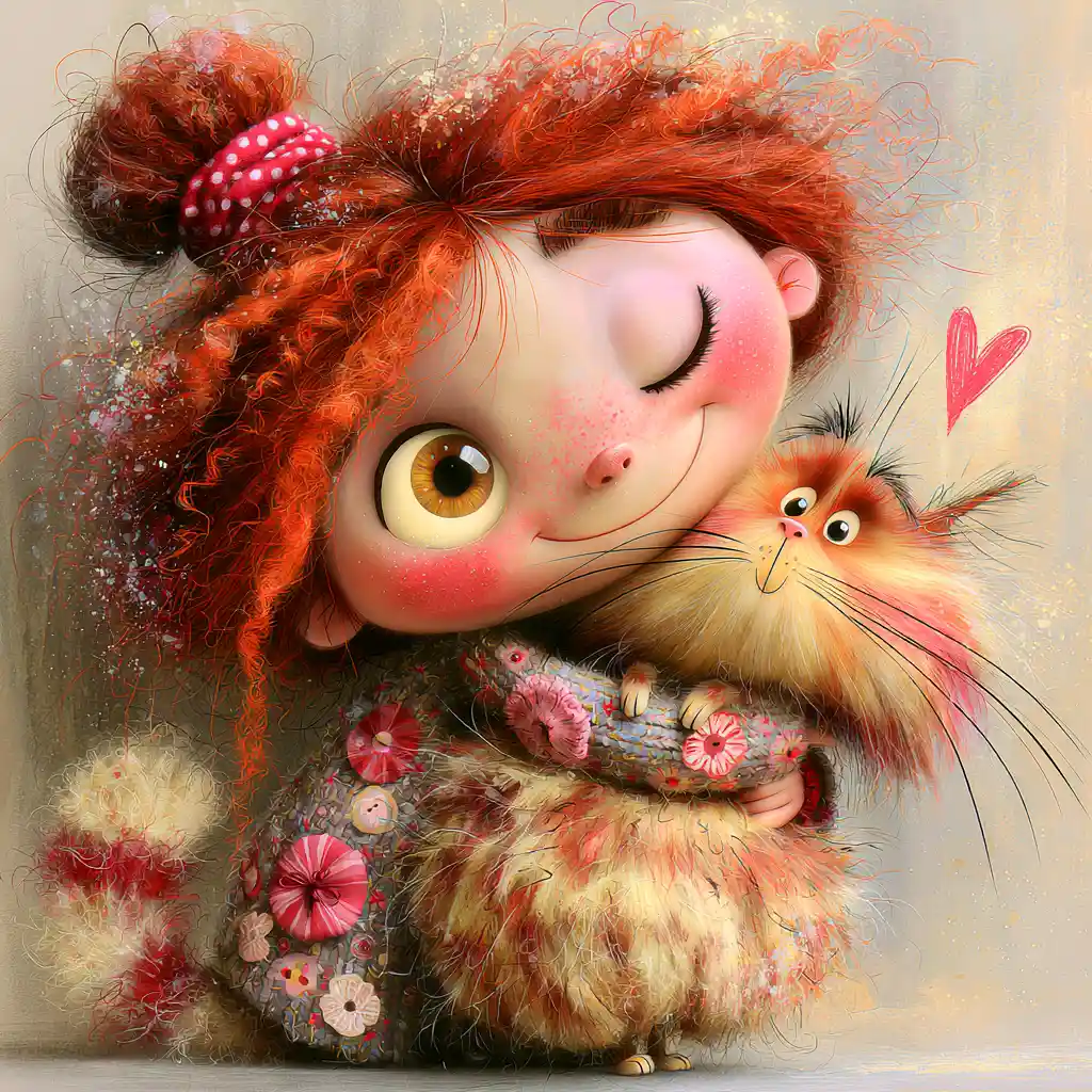 Watercolor girl hugging her fluffy ginger cat illustration