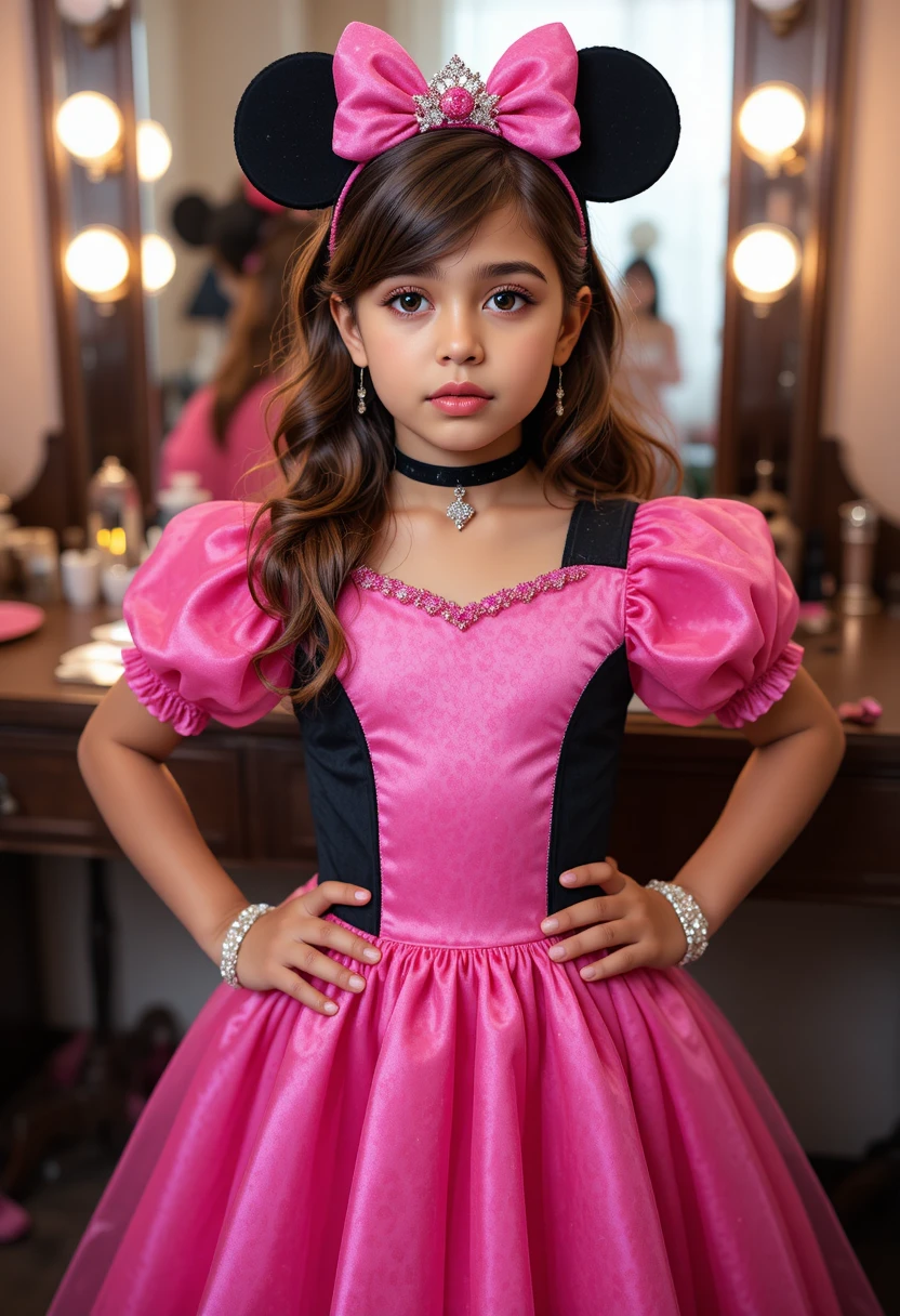 Niño nervioso con vestido rosa de Minnie frente al espejo