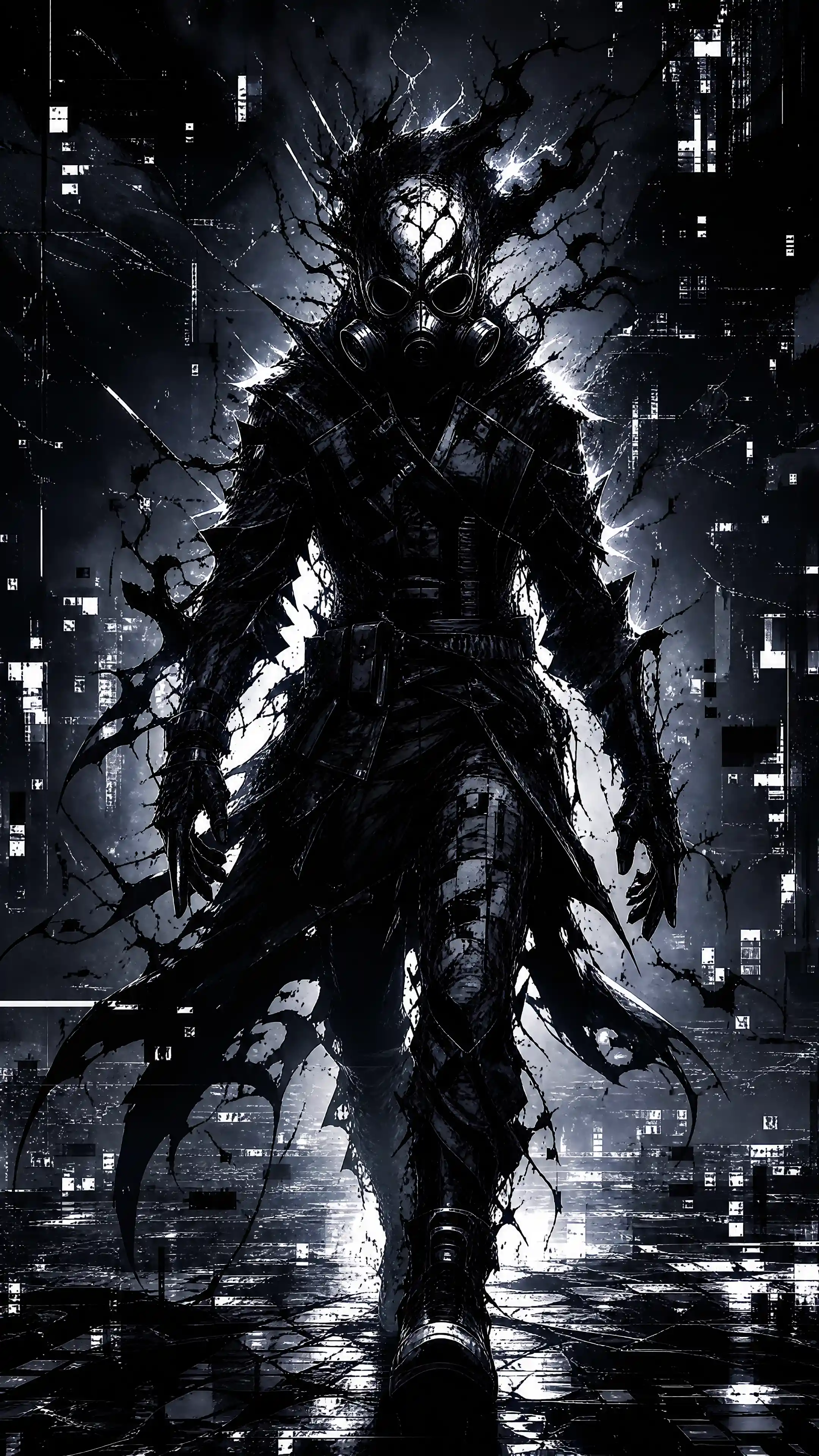 Fractured humanoid figure in glitching gas mask ink art