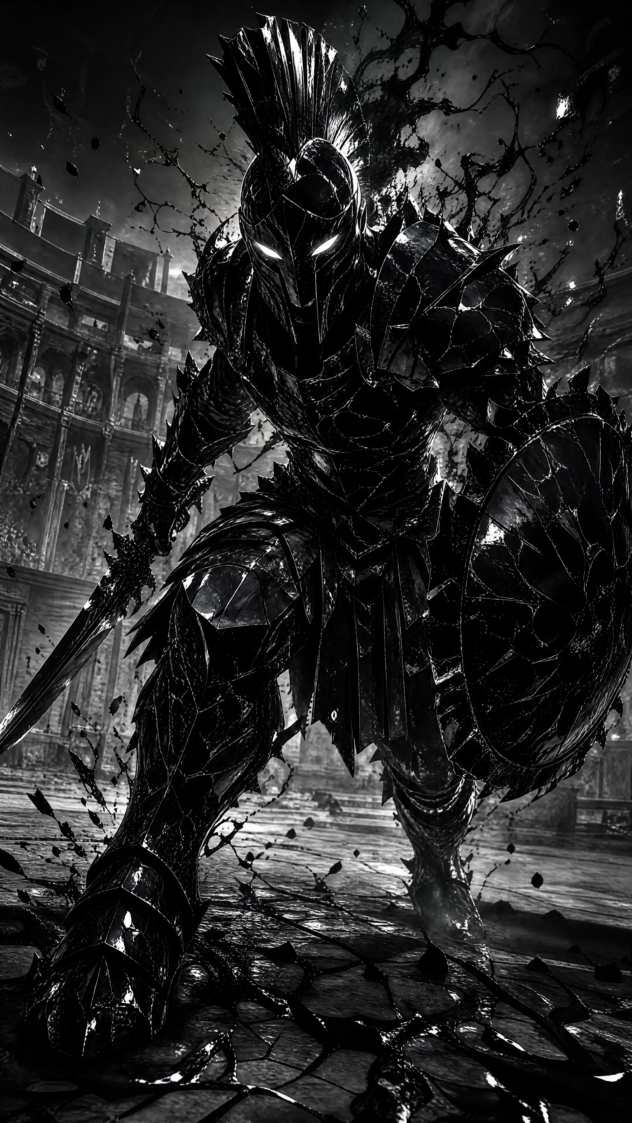 Gladiator in Obsidianrüstung in einer zerborstenen Tinten-Arena