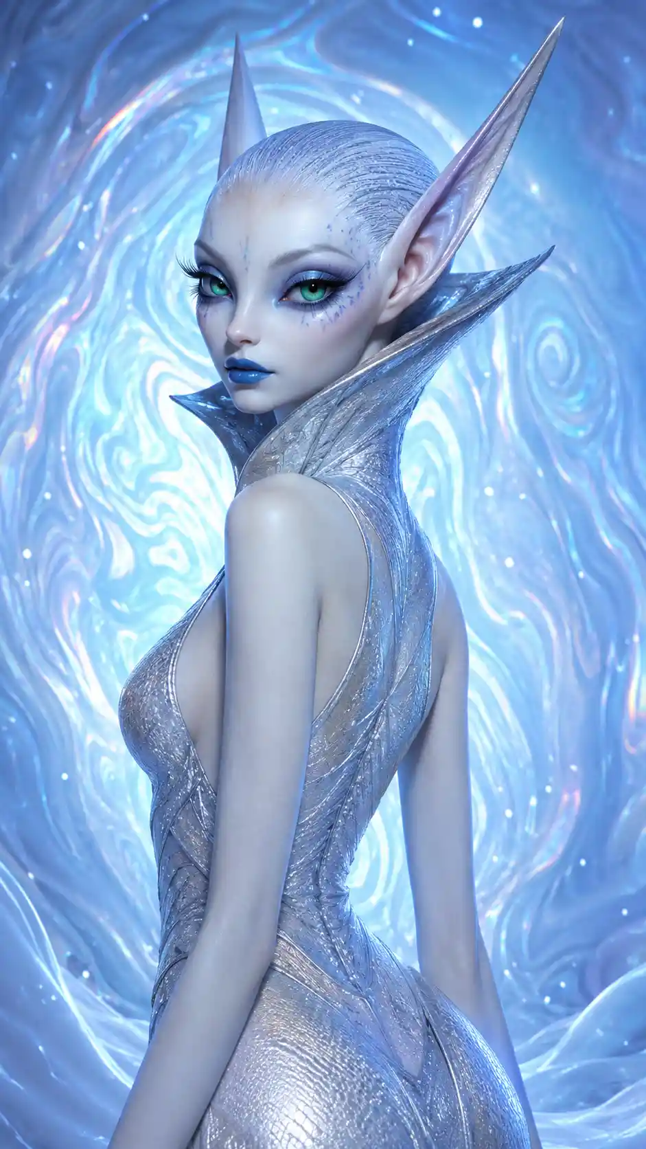 Ethereal alien woman with silver dress and green eyes