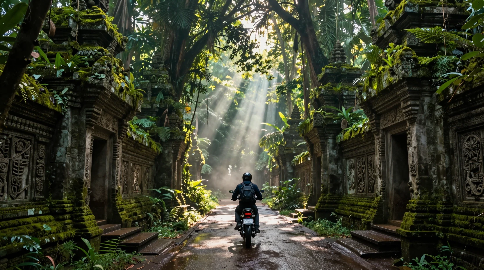 Motociclista solitario en carretera de templo en la jungla al amanecer