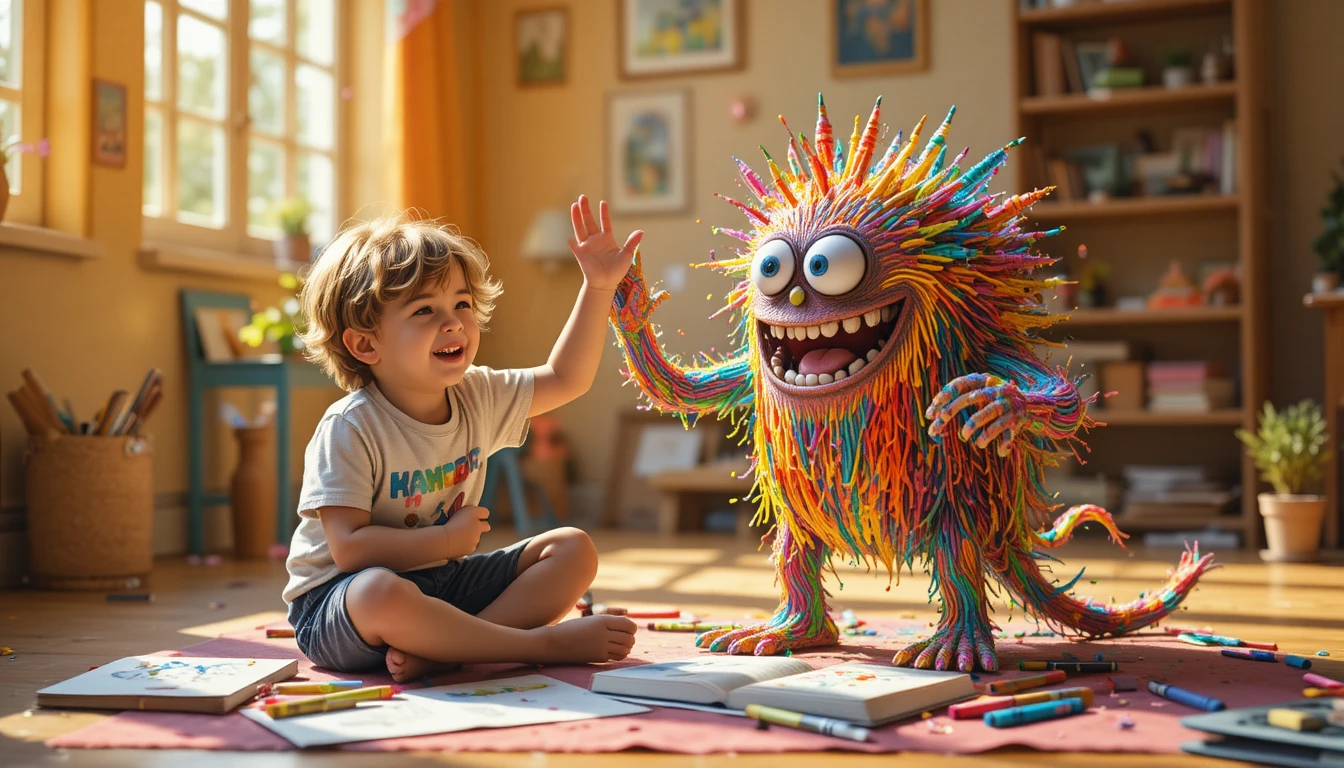 Little boy high fives colorful imaginary monster friend