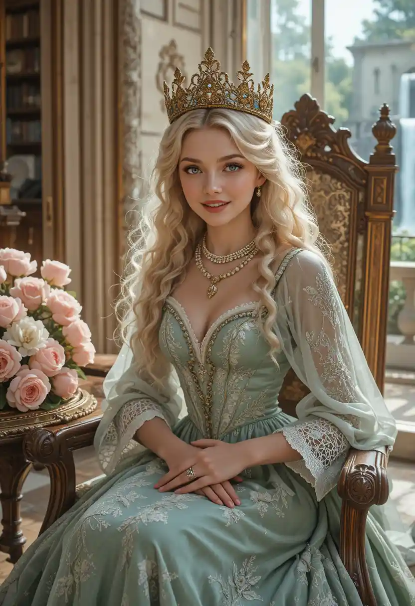 Chica rubia sonriente con tiara de joyas en un sillón de palacio