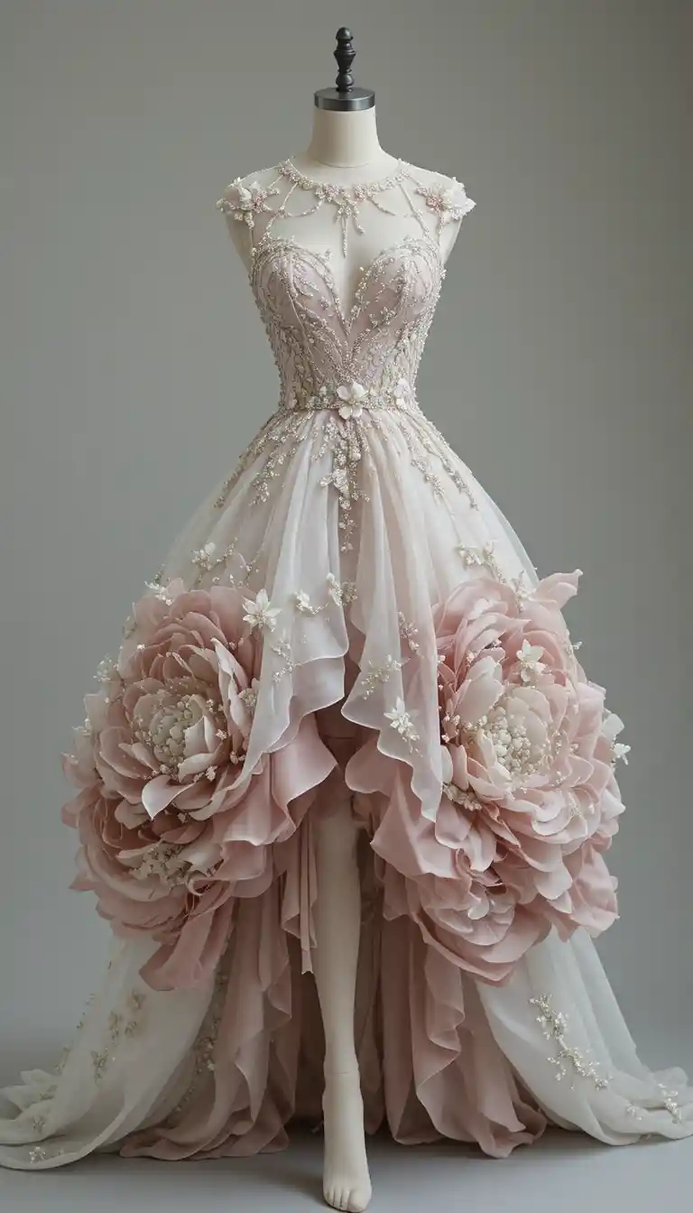 Elegant boutonniere dress with blooming peony inspired skirt