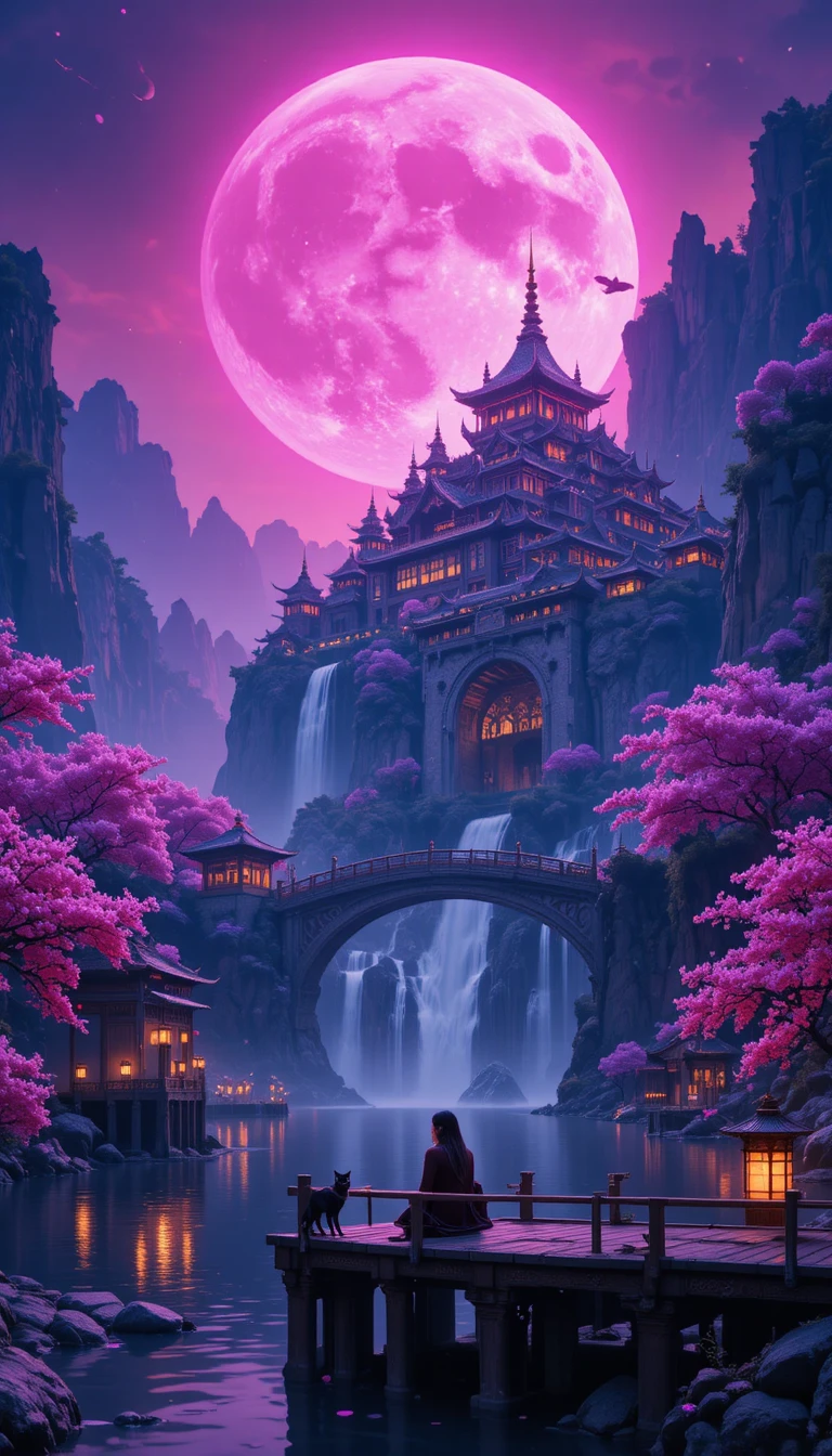 Ciudadela Fantástica y Luna Rosa Sobre el Río al Crepúsculo