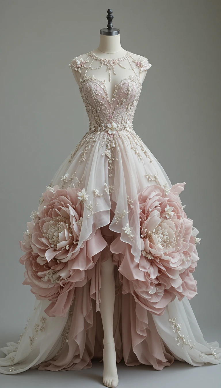 Elegant boutonniere dress with blooming peony inspired skirt