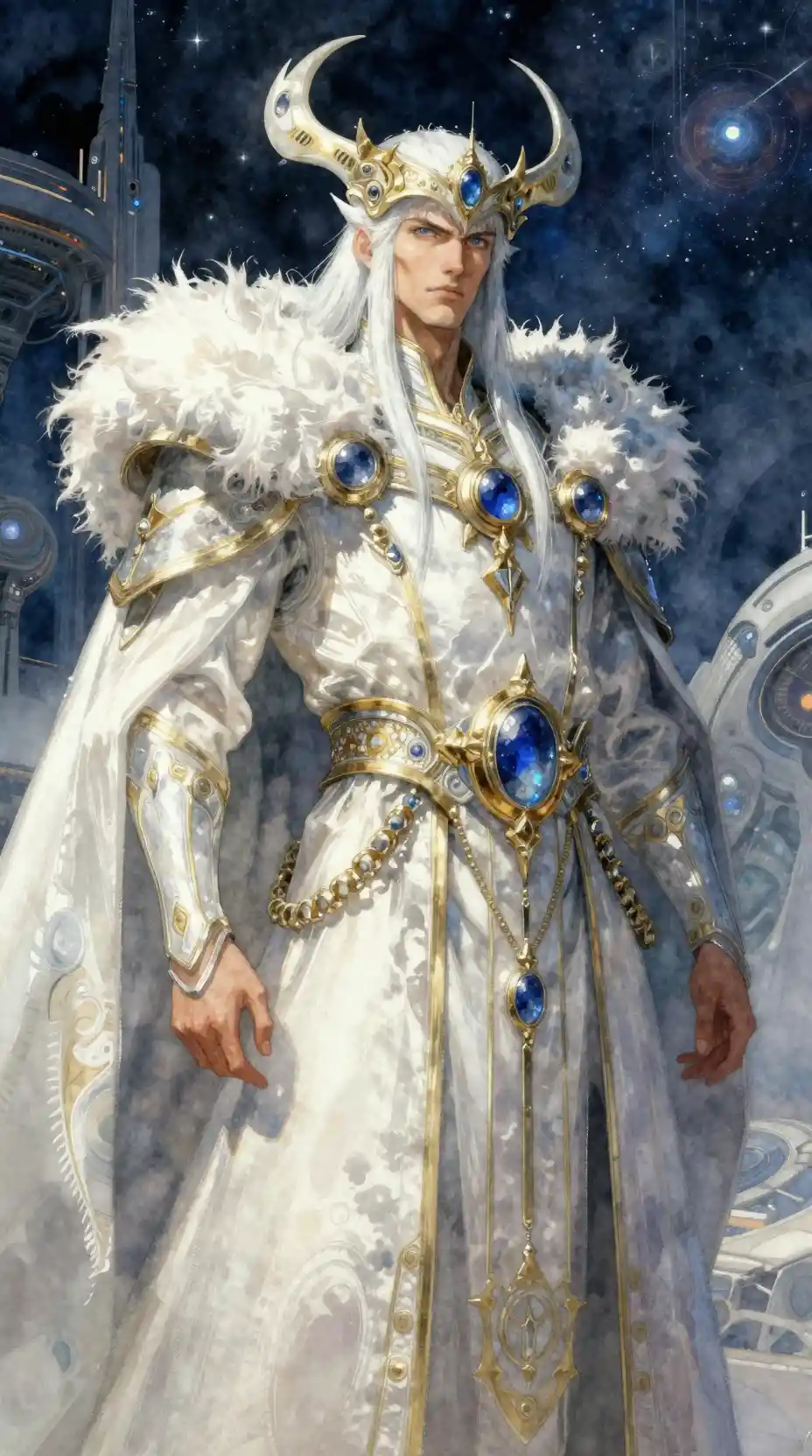 Thracian king of the north wind in royal white robe close up