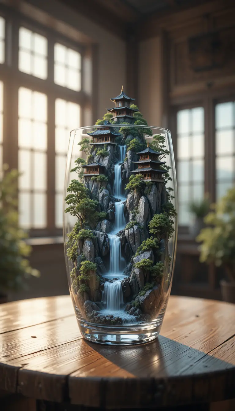 Montagna con pagoda in miniatura in un bicchiere con cascata