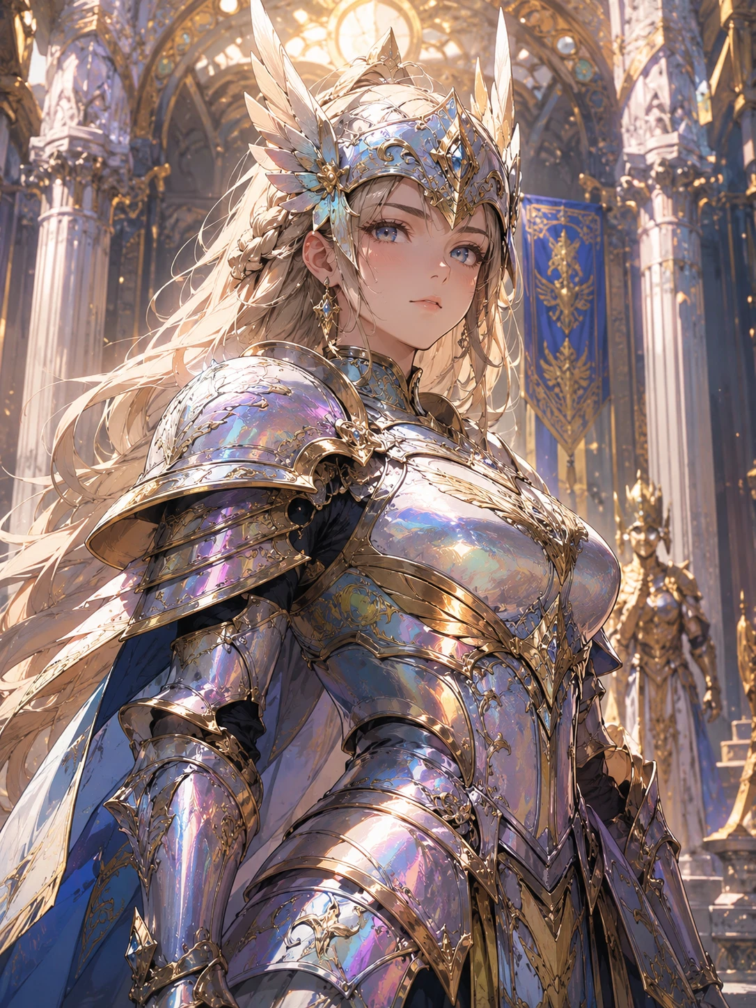 Retrato de guerrera valquiria de anime en un majestuoso salón dorado