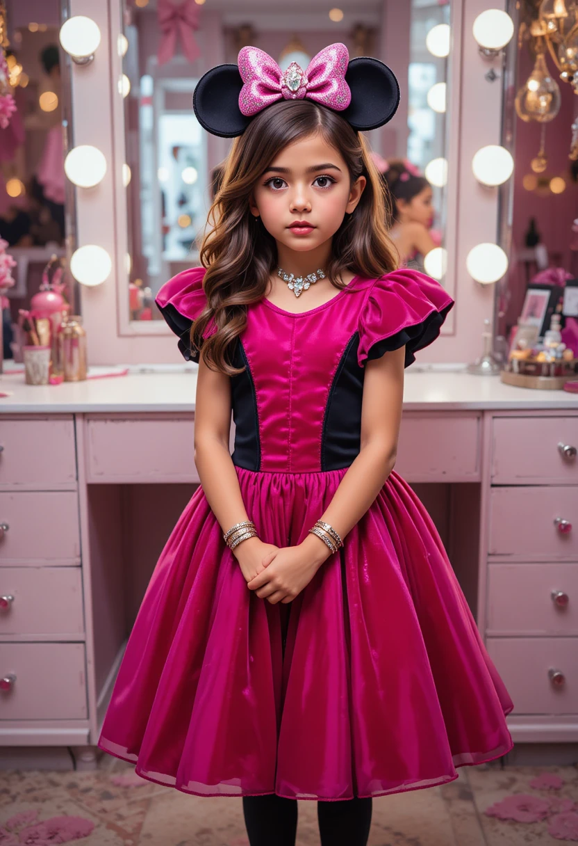 Niño hispano con vestido rosa de Minnie en el tocador