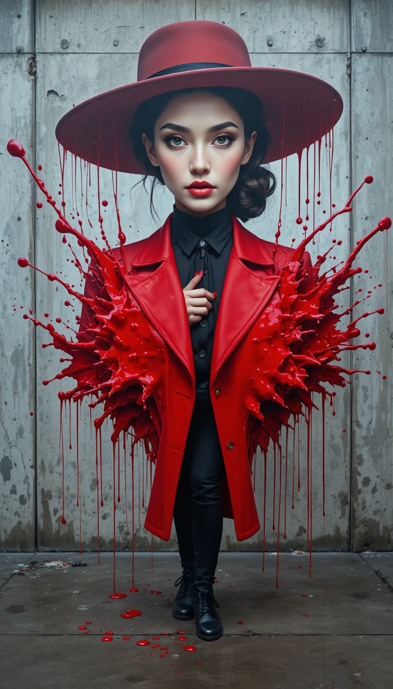 Mujer elegante de rojo fusionada con un mural callejero surrealista
