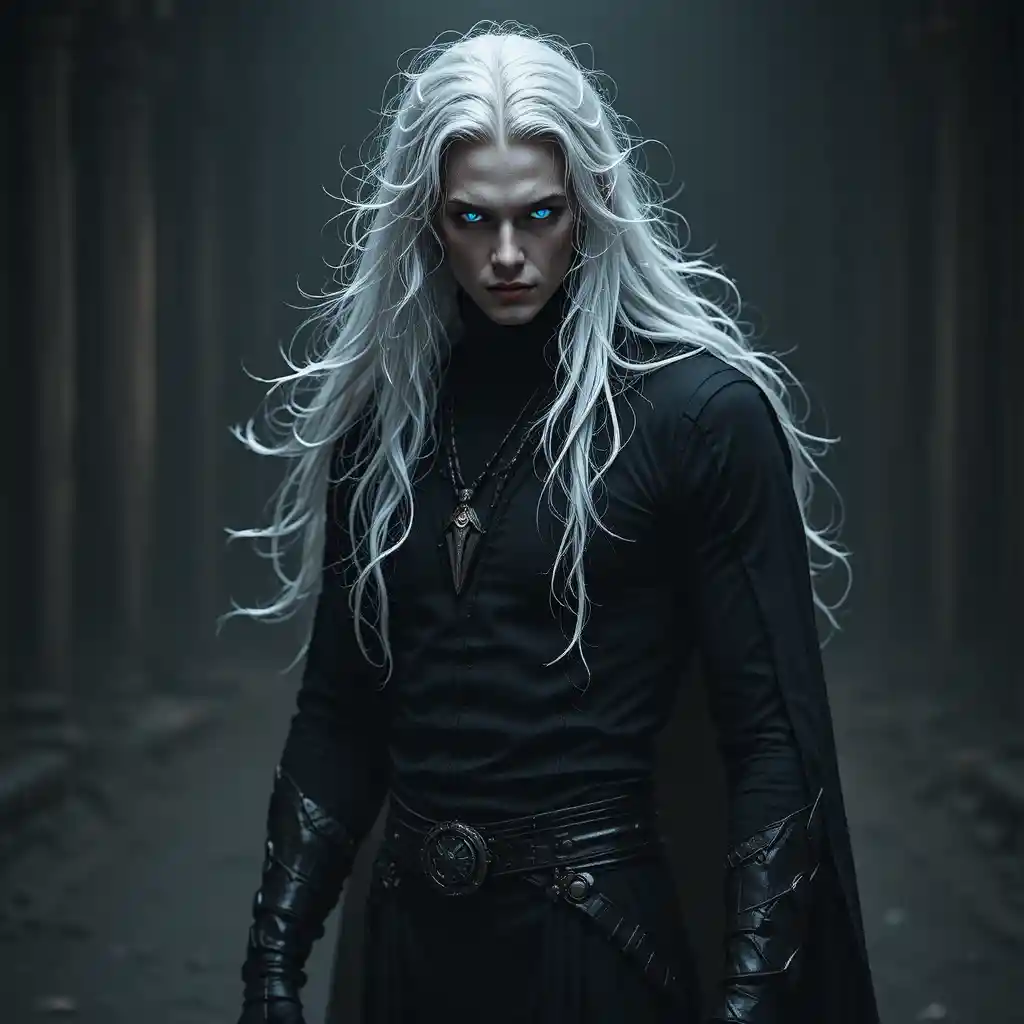 White haired dark lord in black clothing fantasy portrait