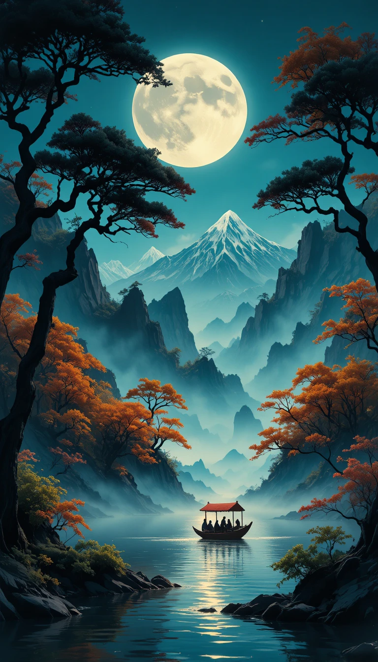 Paisaje de río a la luz de la luna con montañas y pinos