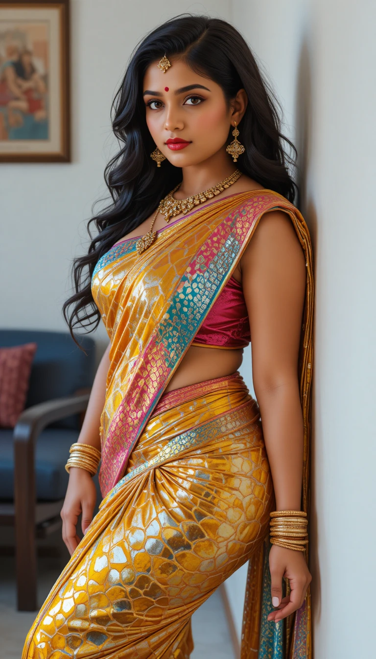 Mujer india con sari reflectante doblando la cintura con gracia