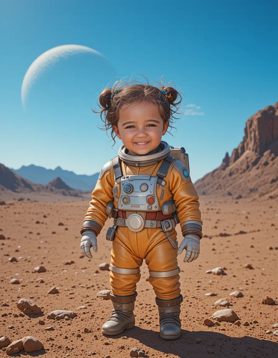 遠い異星を探検する少女宇宙飛行士