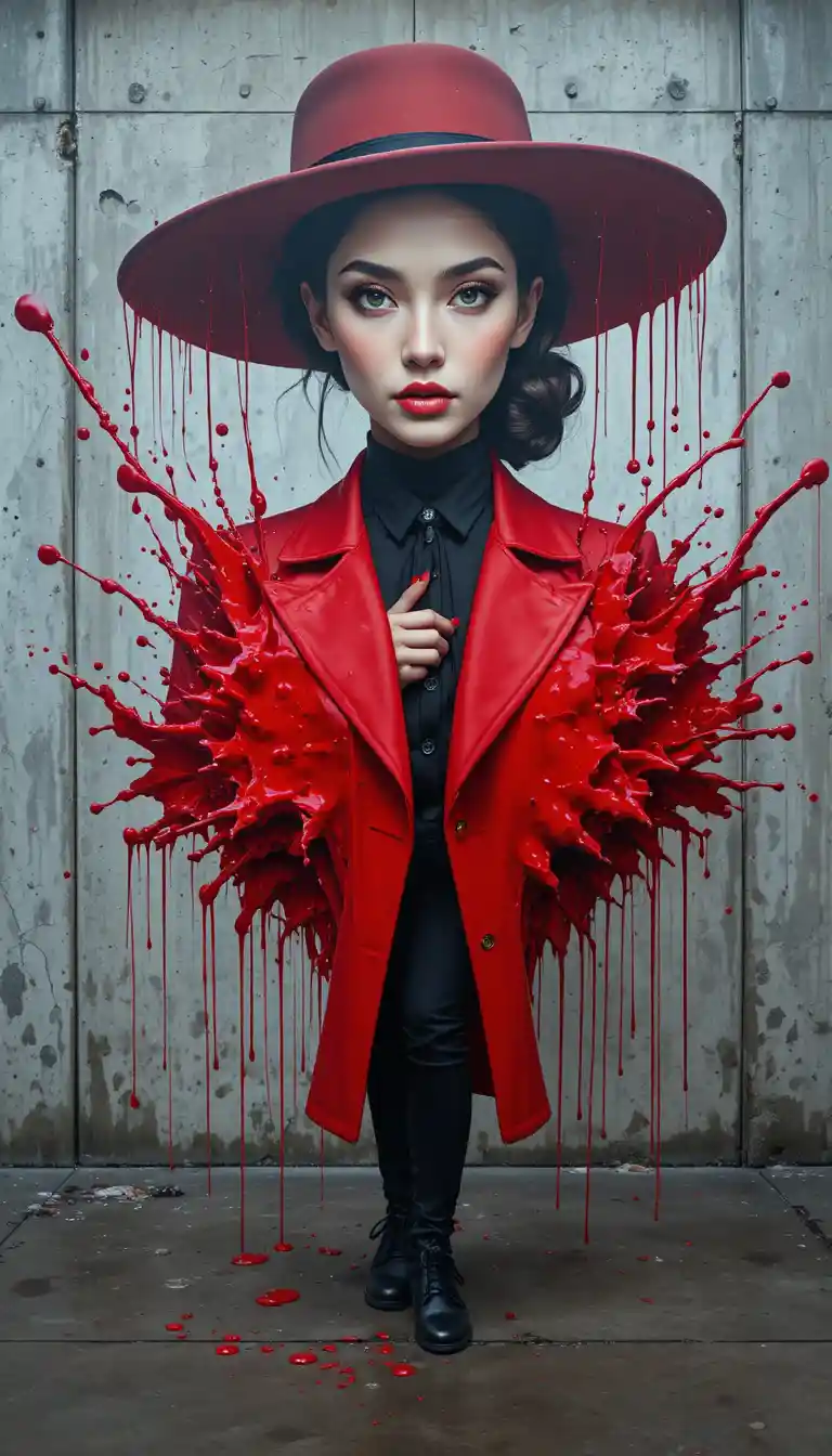 Mujer elegante de rojo fusionada con un mural callejero surrealista