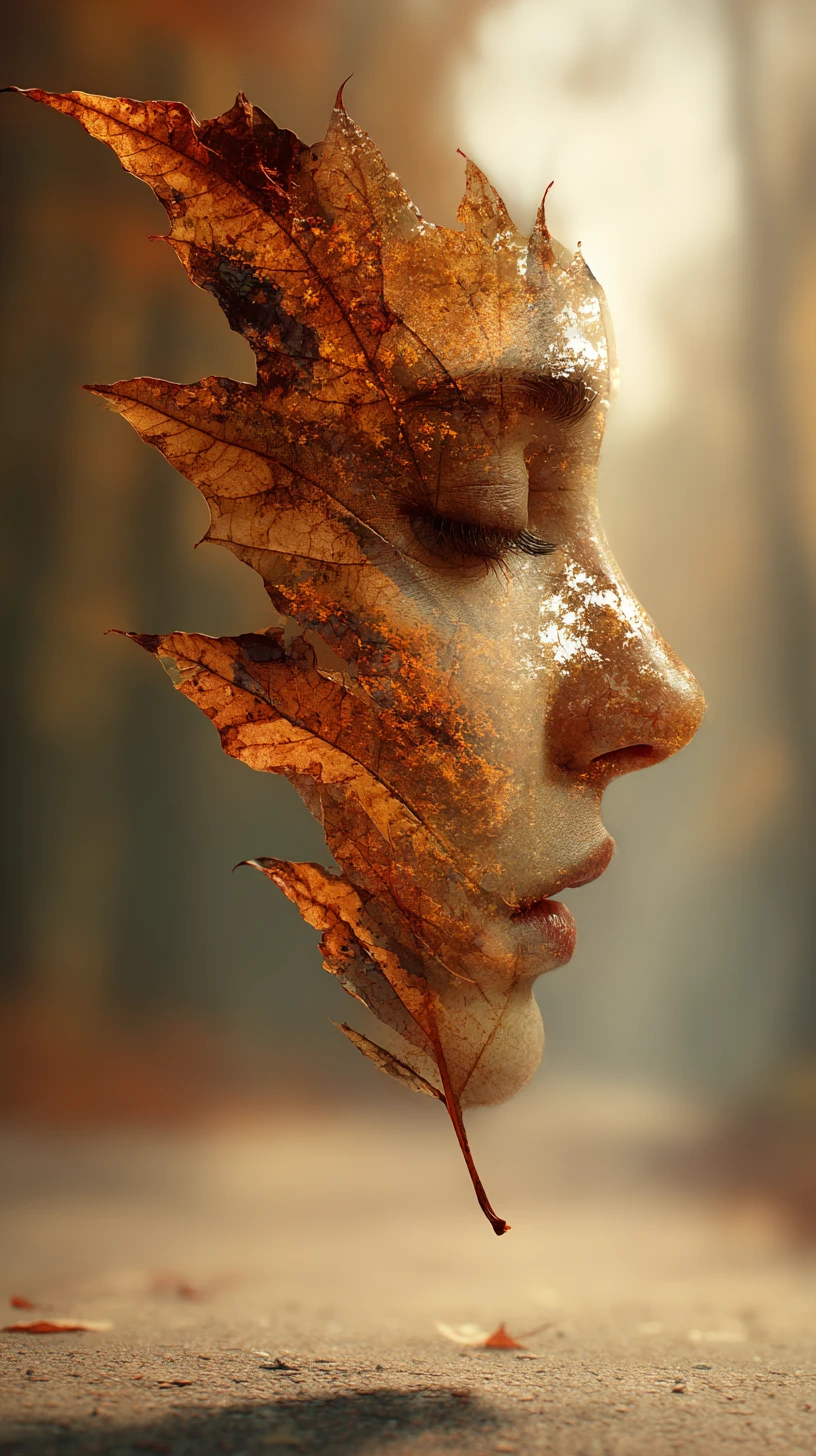 Rostro de mujer llorando en una hoja de otoño que cae