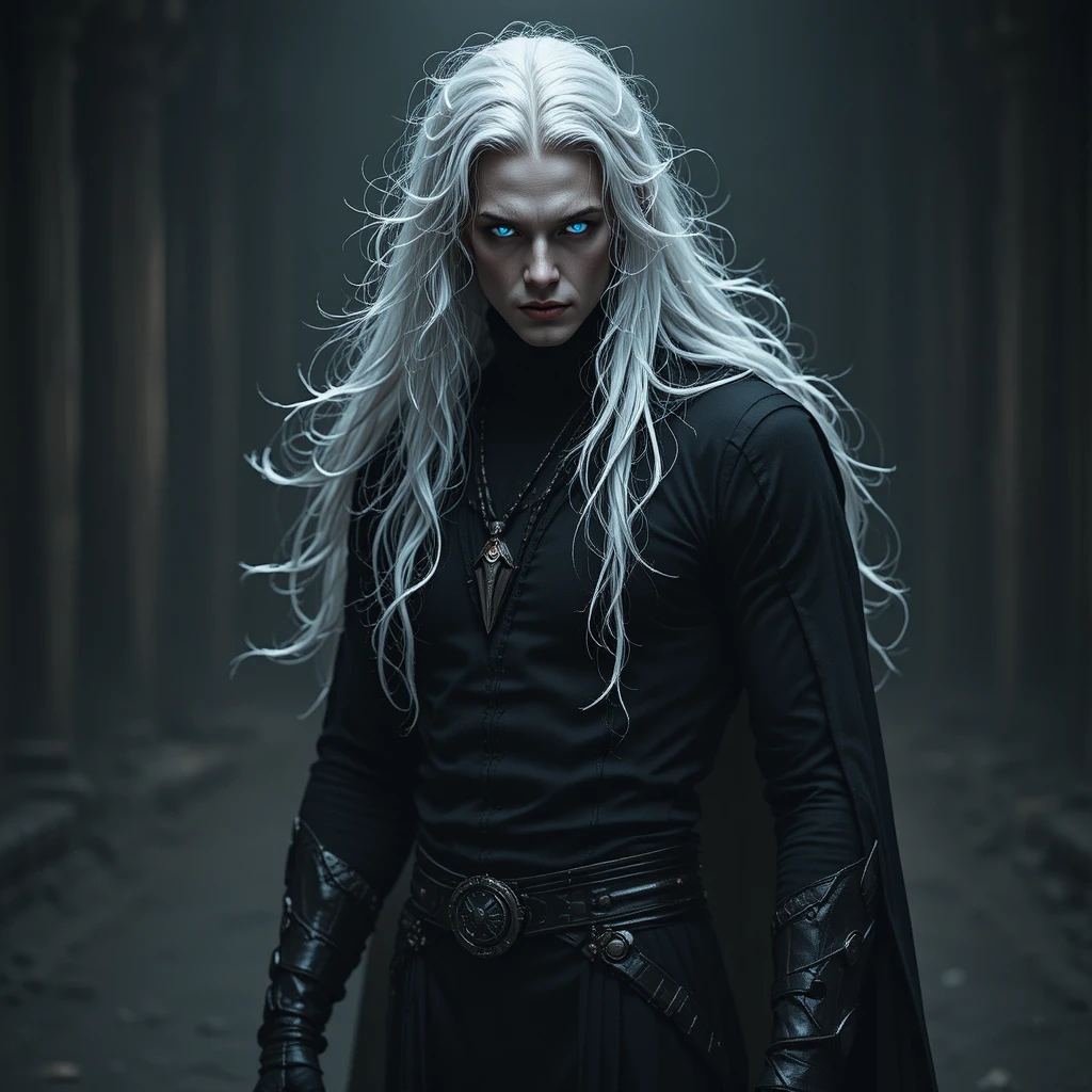 White haired dark lord in black clothing fantasy portrait