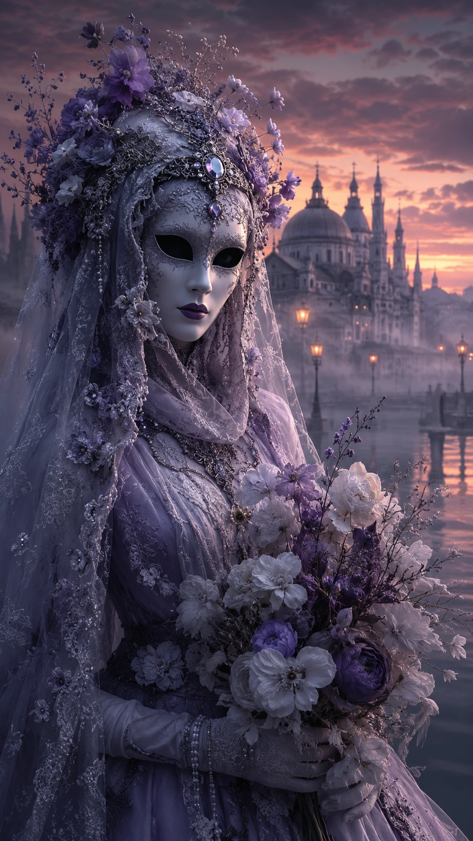 Mujer fantasmal enmascarada con flores en paisaje urbano surrealista