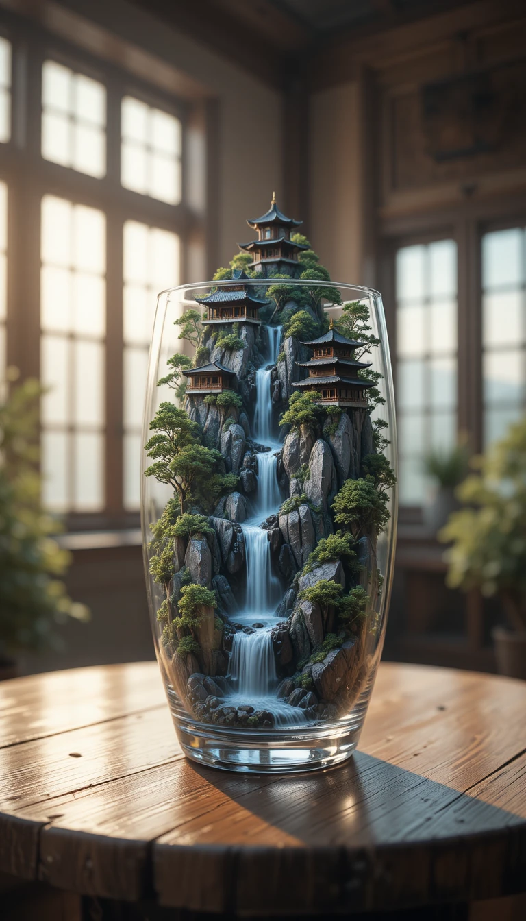Miniature pagoda mountain in a glass with cascading waterfall