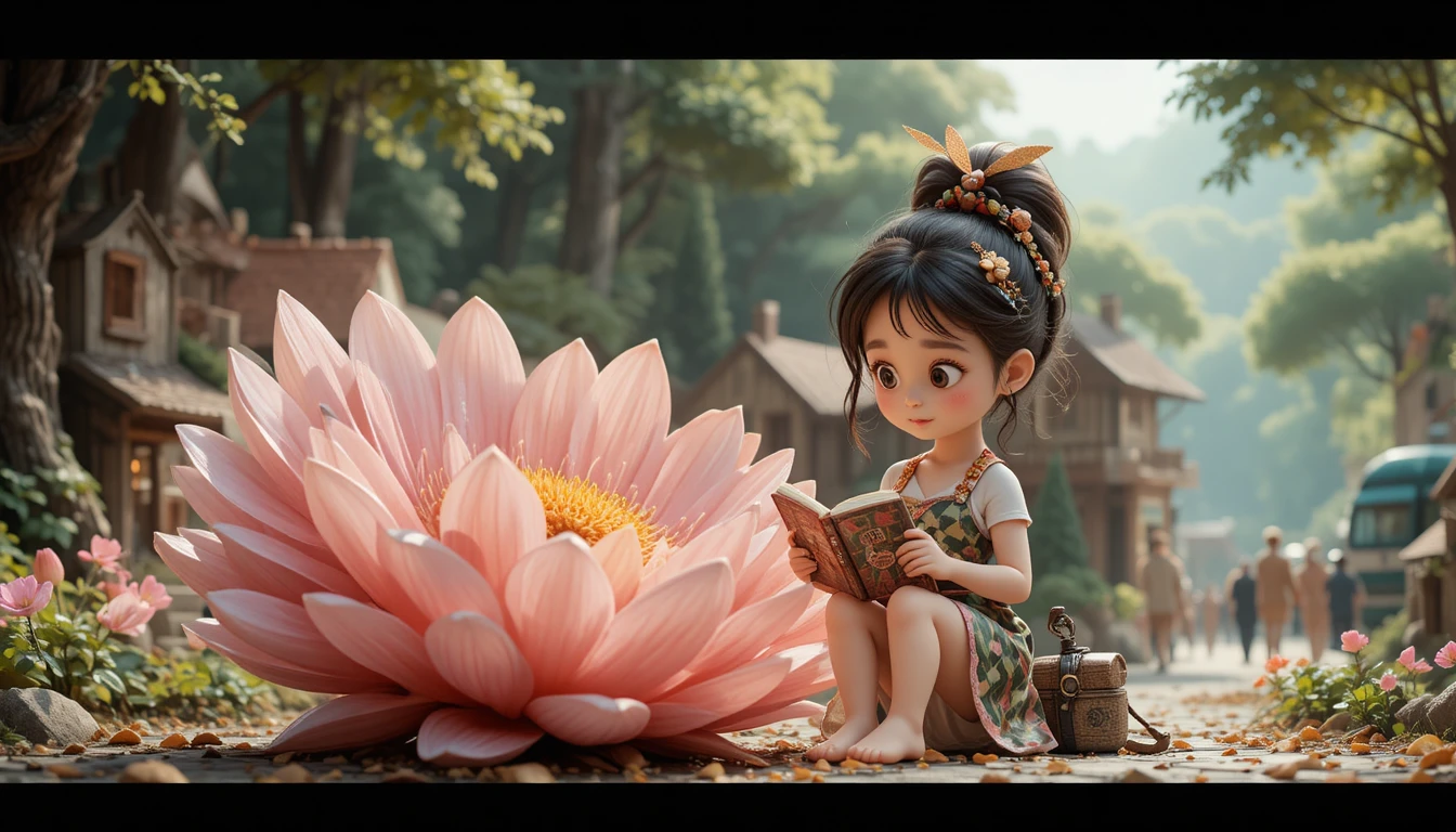 Niña leyendo sobre una flor gigante en ilustración mágica