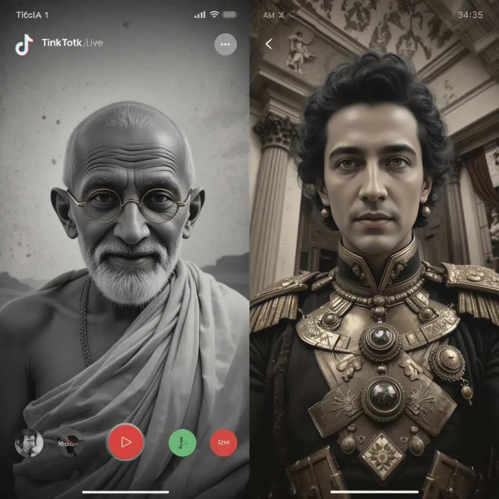 Ritratto a schermo diviso che unisce leader vintage e tecnologia moderna