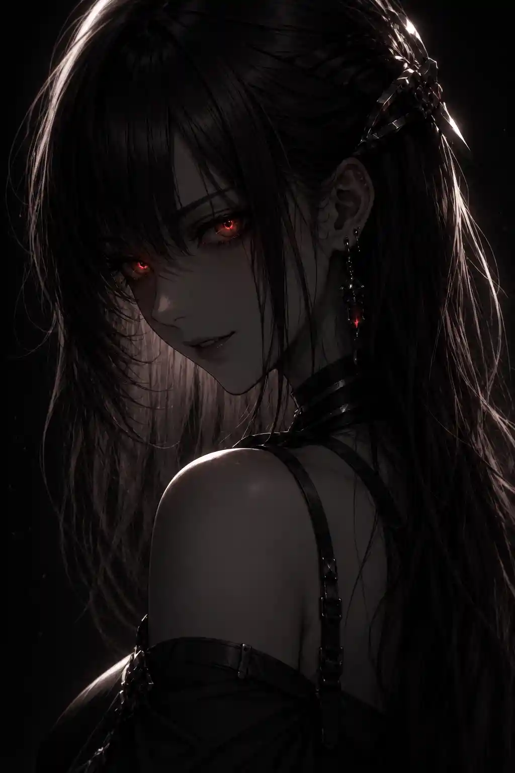 Retrato de chica de anime con ojos carmesí brillantes en la oscuridad