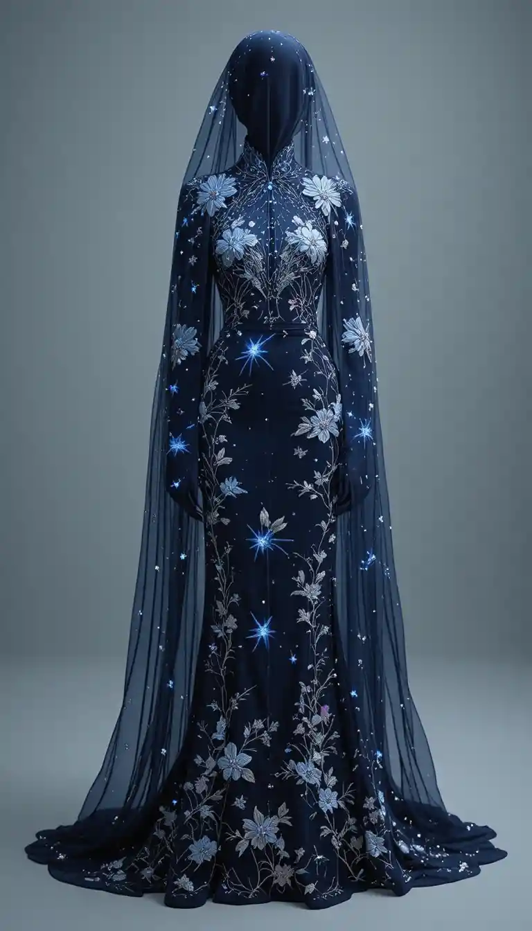 Elegant gown with luminous embroidered veil like cape