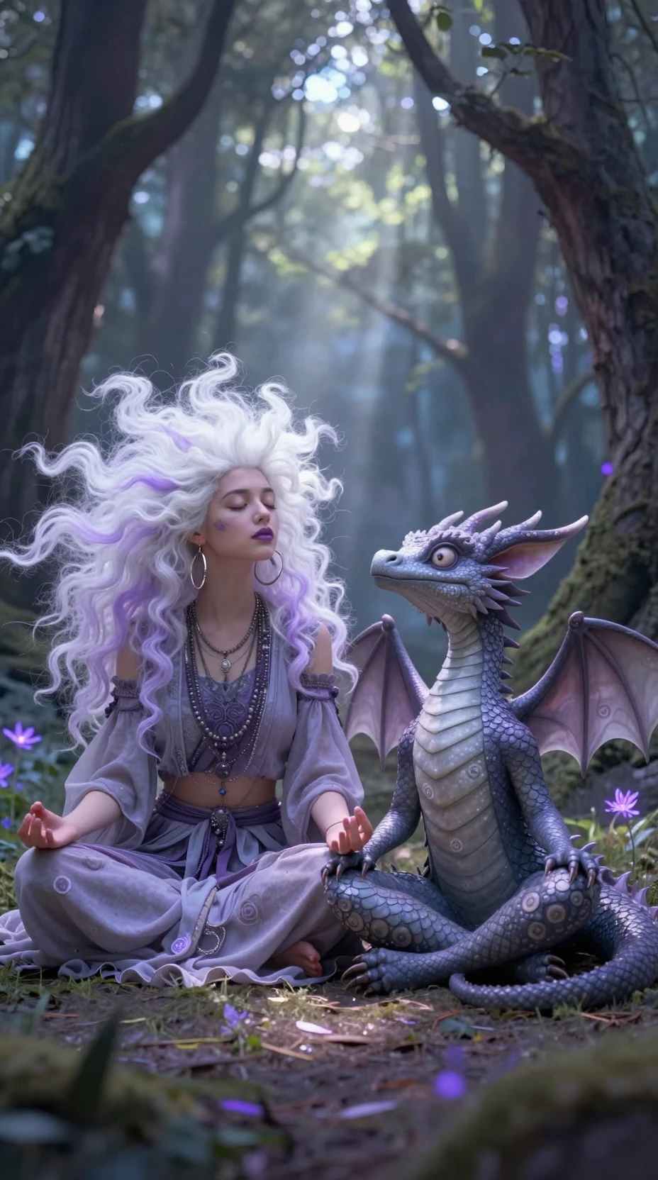 魔法の森の光の中で瞑想する女性とドラゴン
