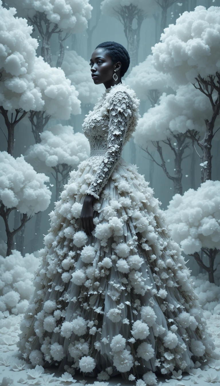 Retrato de moda etéreo de una mujer con vestido parecido a una nube