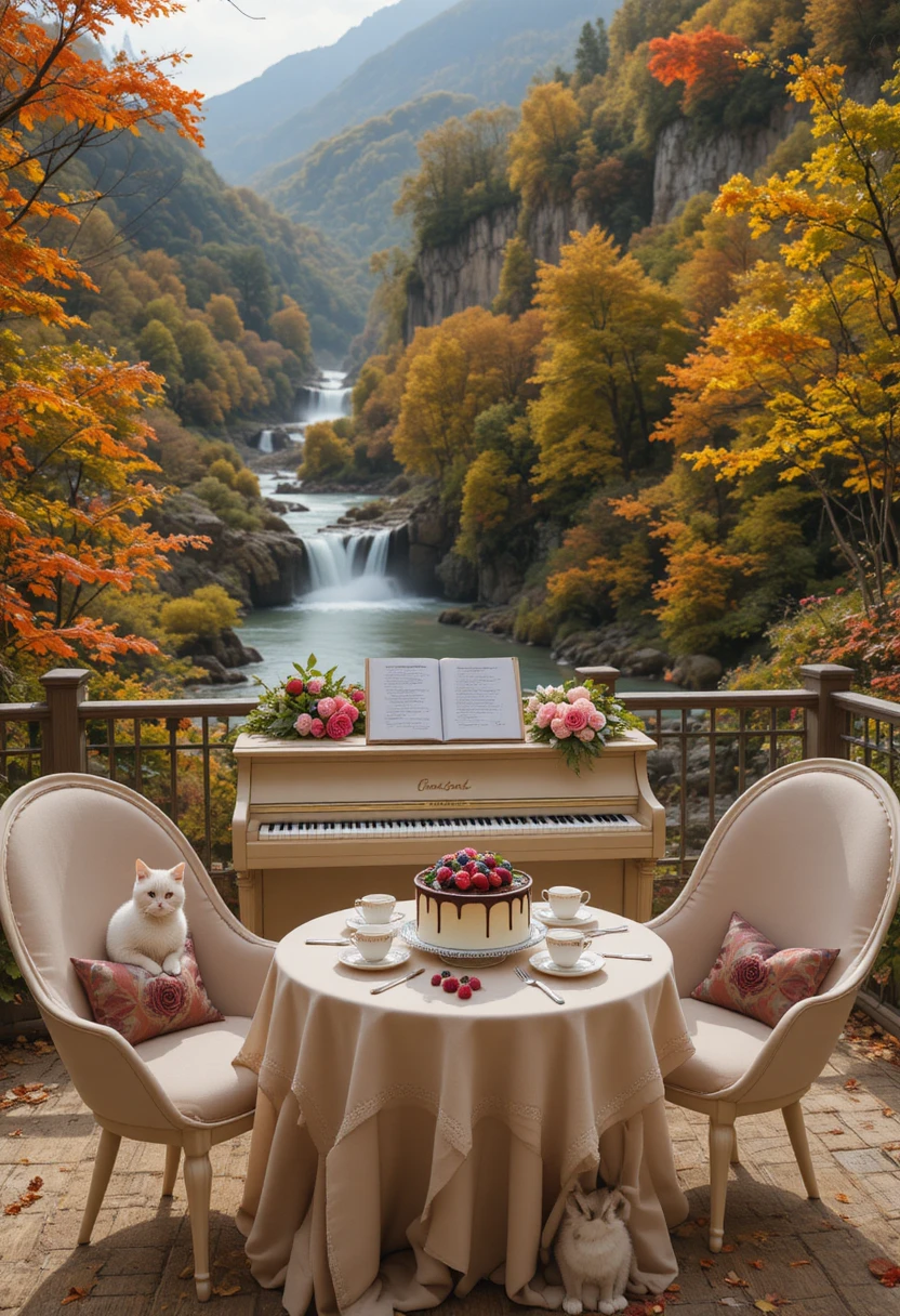 Paisaje de montaña otoñal con cascada y acogedora zona de descanso