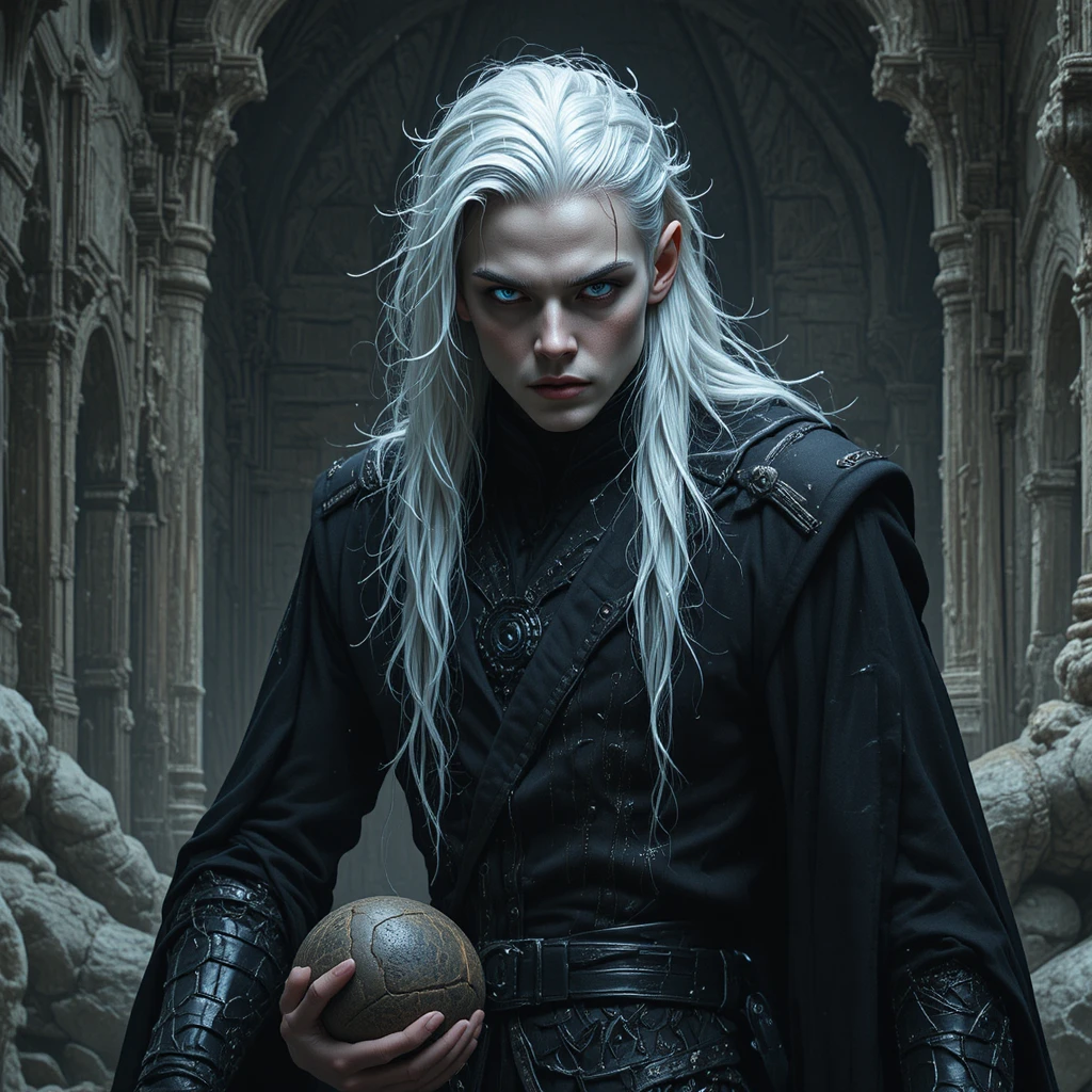 Señor oscuro de cabello blanco con atuendo negro – retrato de fantasía