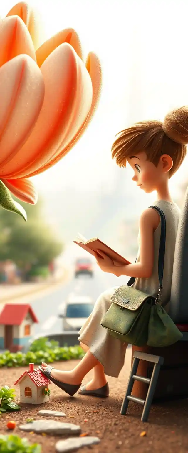 Girl reading atop a giant flower in a tiny stone village