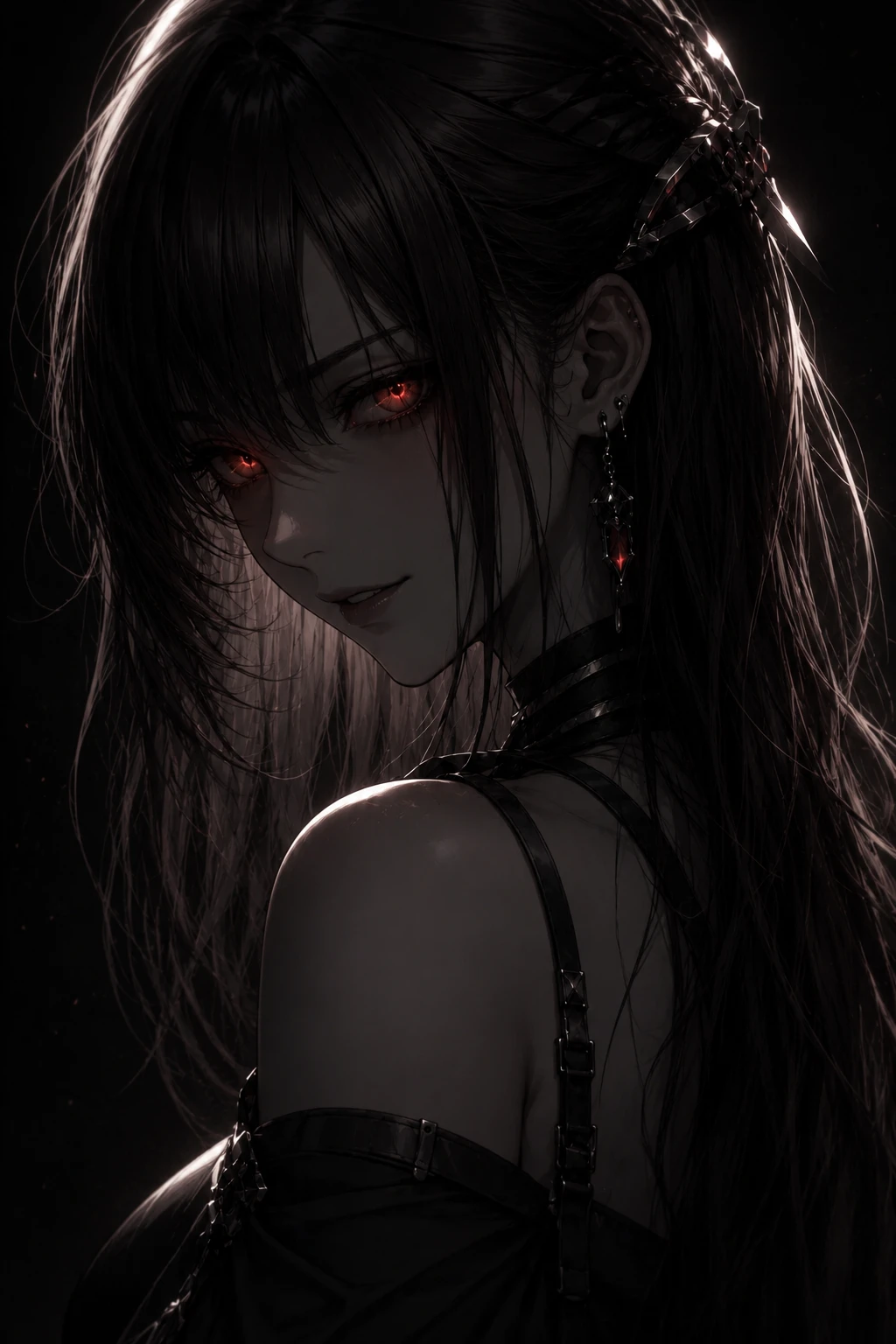 Retrato de chica de anime con ojos carmesí brillantes en la oscuridad