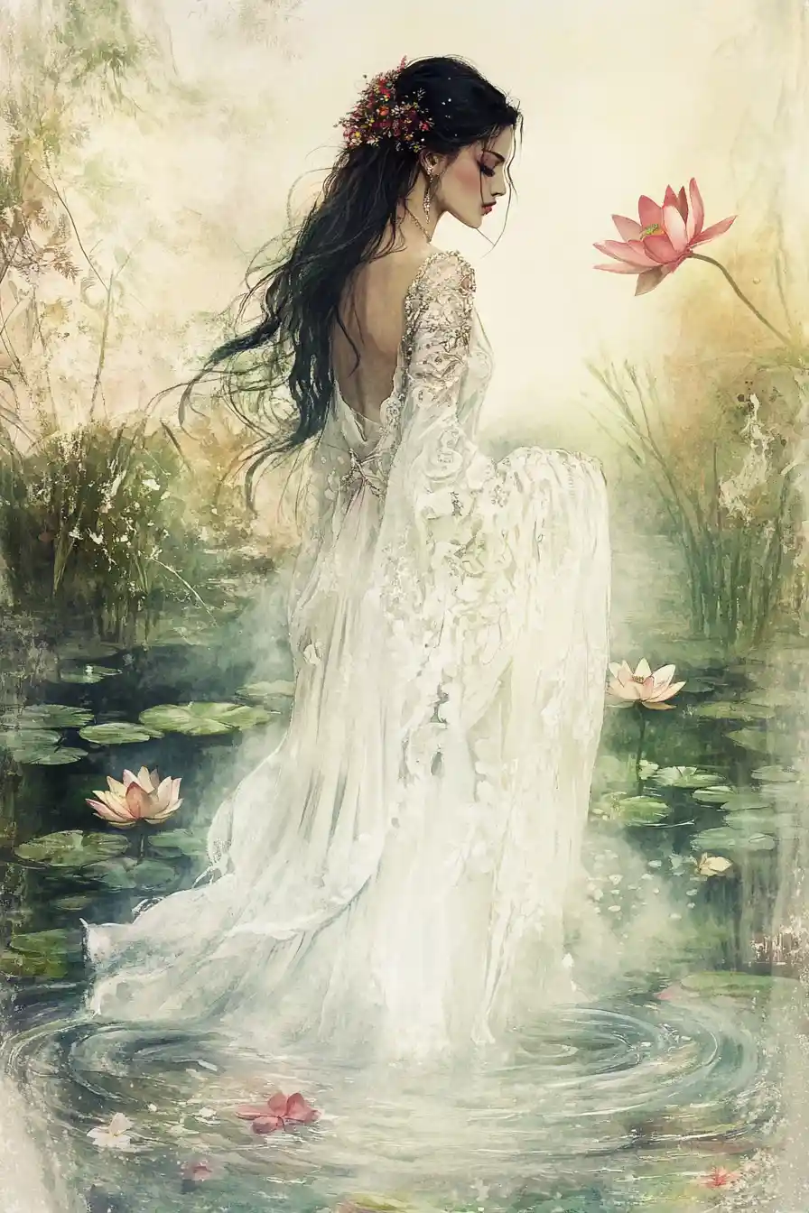 Watercolor pond queen in a misty golden morning scene