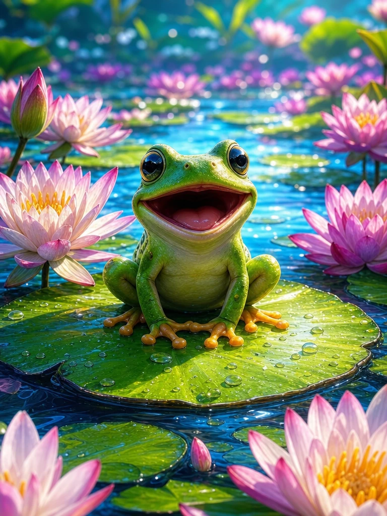 幻想的な池の睡蓮の葉にいる喜びに満ちたカエルの絵画