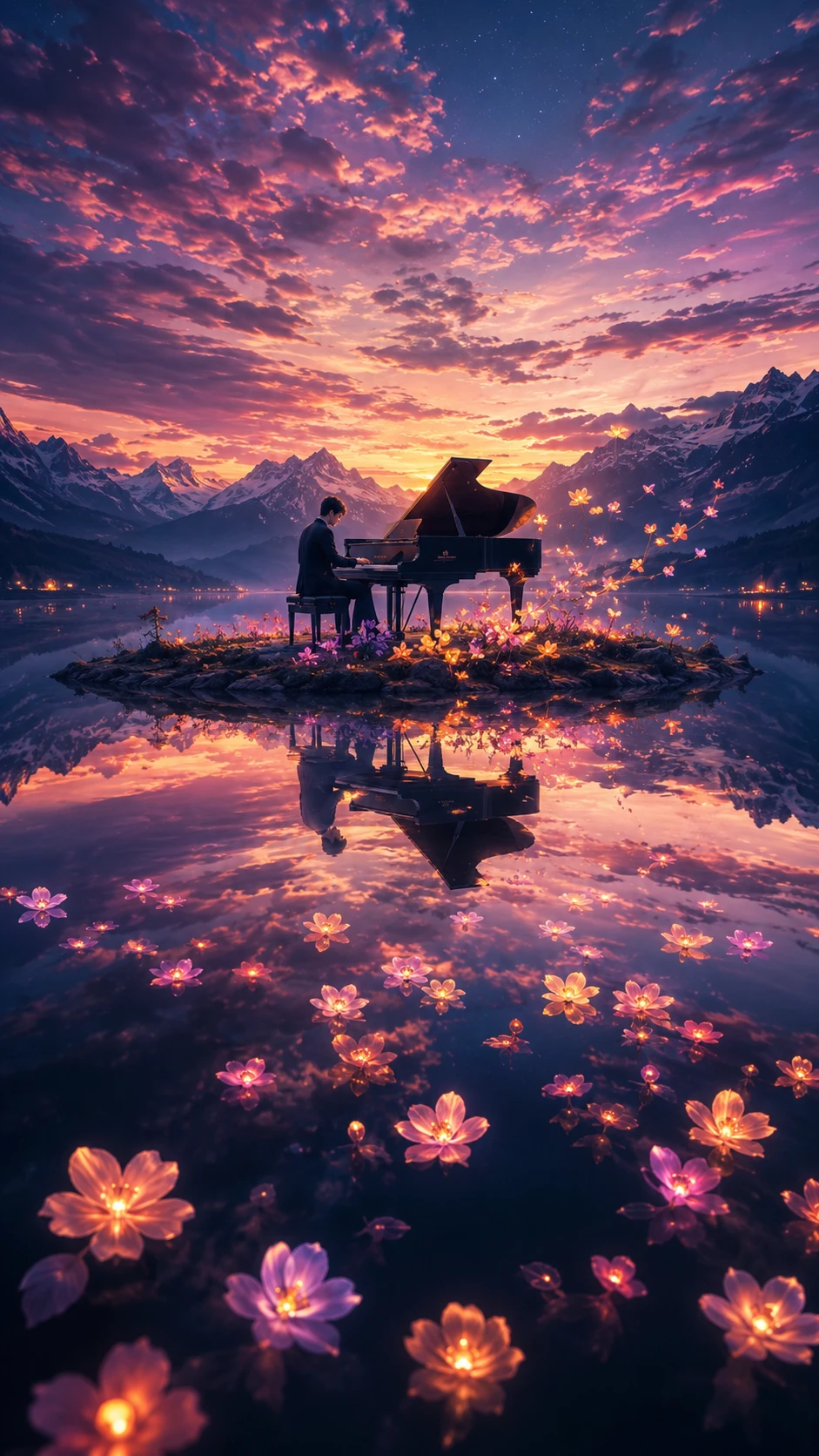 Pianista tocando solo en una isla del Lago Espejo