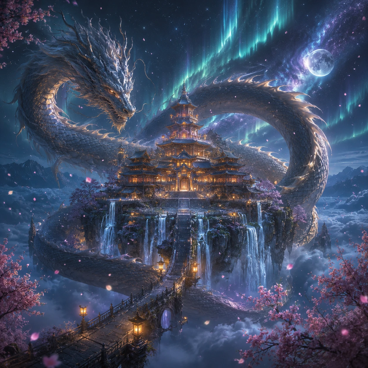 Dragón antiguo que protege un templo flotante sobre las nubes